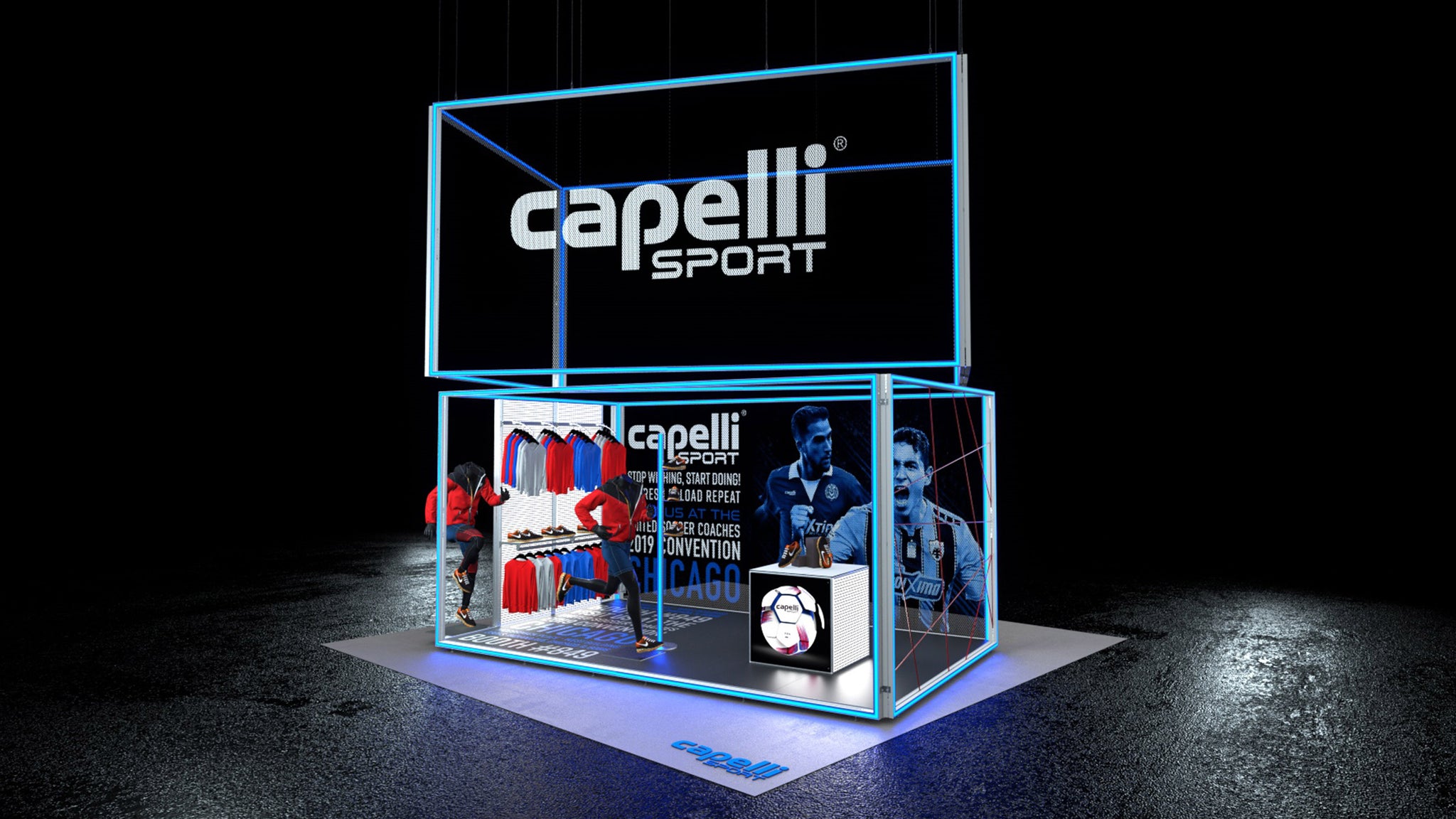 Ein Messestand mit leuchtenden LED-Rahmen, die die Marke Capelli Sport und ihre Produkte ins Rampenlicht rücken. Die futuristischen LED-Rahmen bilden eine auffällige Struktur, die Sportartikel eindrucksvoll präsentiert und die Blicke der Besucher auf sich zieht.
