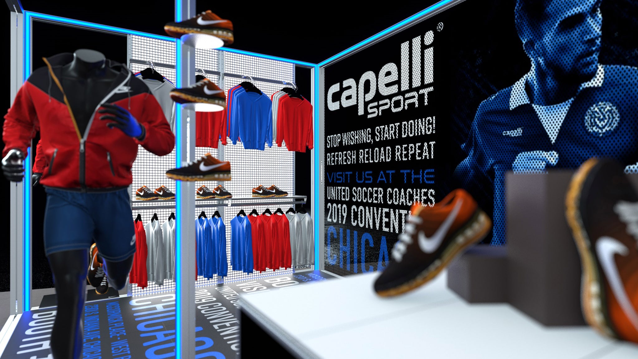 Messestand von Capelli Sport mit leuchtenden LED-Rahmen, die Sportbekleidung, Schuhe und Accessoires präsentieren. Die Ausstellung hebt die Marke hervor und zieht mit dynamischen Displays und einer stilvollen Präsentation die Aufmerksamkeit der Besucher an.