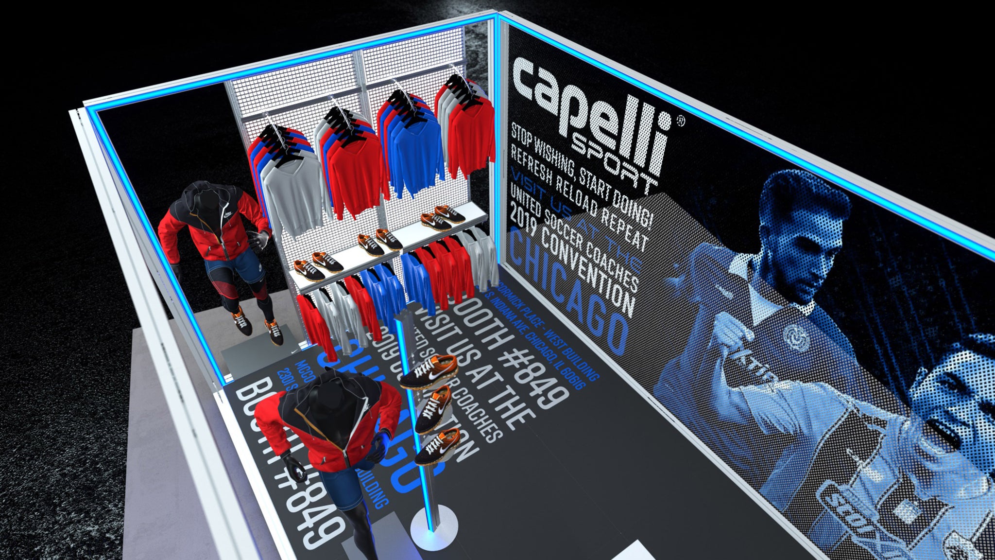 Draufsicht auf den Capelli Sport Messestand mit leuchtenden LED-Rahmen, Sportbekleidung, Schuhen und Werbebannern. Der Stand zeigt dynamische Präsentationen der Produkte und zieht mit einer modernen, beleuchteten Struktur die Aufmerksamkeit der Messebesucher an.