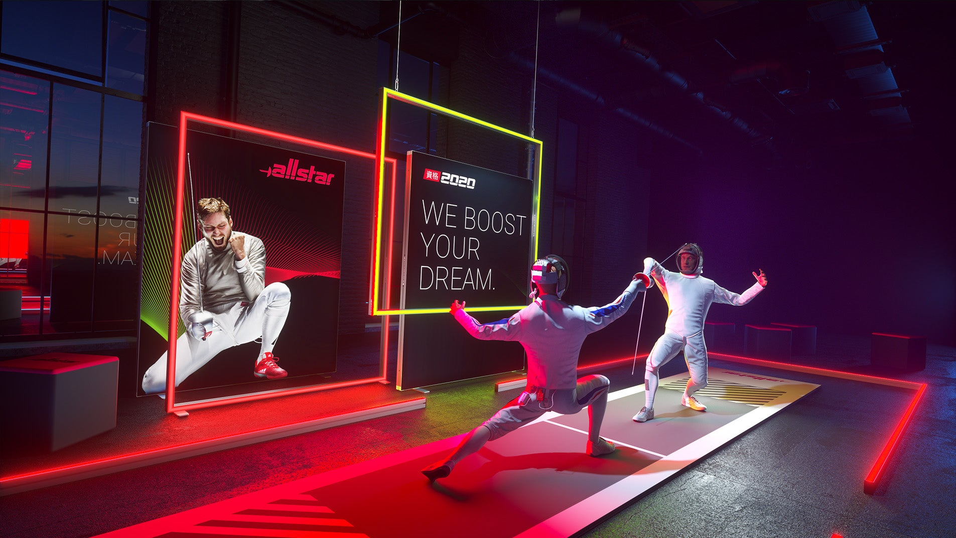 Zwei Fechter in einer dynamischen Szene auf einer beleuchteten Bahn, flankiert von leuchtenden LED-Rahmen und Texframe-Displays mit den Botschaften 'We Boost Your Dream' und 'Allstar'. Die visuelle Präsentation kombiniert Sport, Energie und moderne LED-Technologie, um die Leidenschaft und das Streben nach Erfolg im Fechtsport zu unterstreichen.