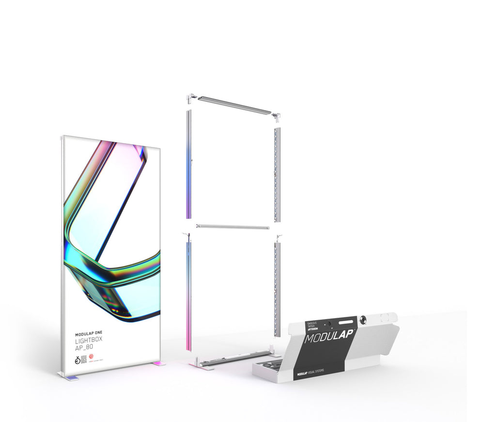 Modulap One Lightbox AP_80 – Hochwertige, modulare LED-Leuchtbox für eindrucksvolle Präsentationen auf Messen und Events. Leicht zusammenbaubar, transportierbar und mit modernem Design.