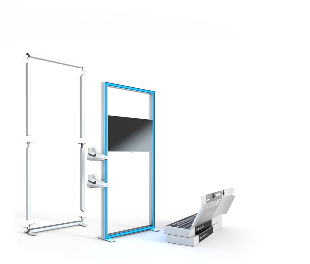 Modulap One Lightframe – Modulares Präsentationssystem mit Exponathalter und Bildschirmhalterung, umrahmt von einem beleuchteten Rahmen. Ideal für Messen und Events, leicht aufbaubar und transportierbar.