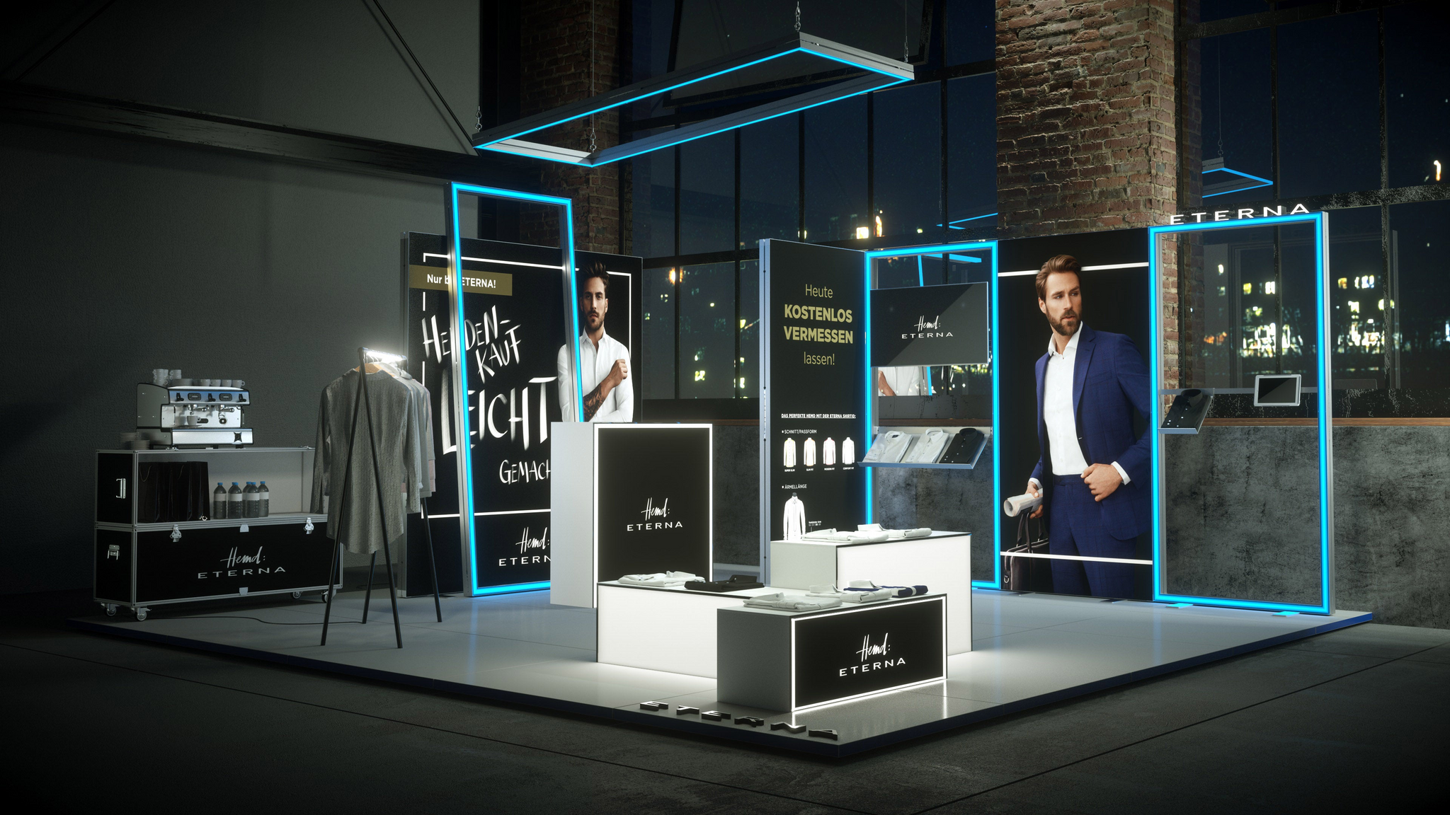 Moderner Messestand-Shop mit Lightboxes, leuchtenden Konturen und eleganten Countern, der eine stilvolle Präsentation von Produkten in einem professionellen Ambiente ermöglicht.