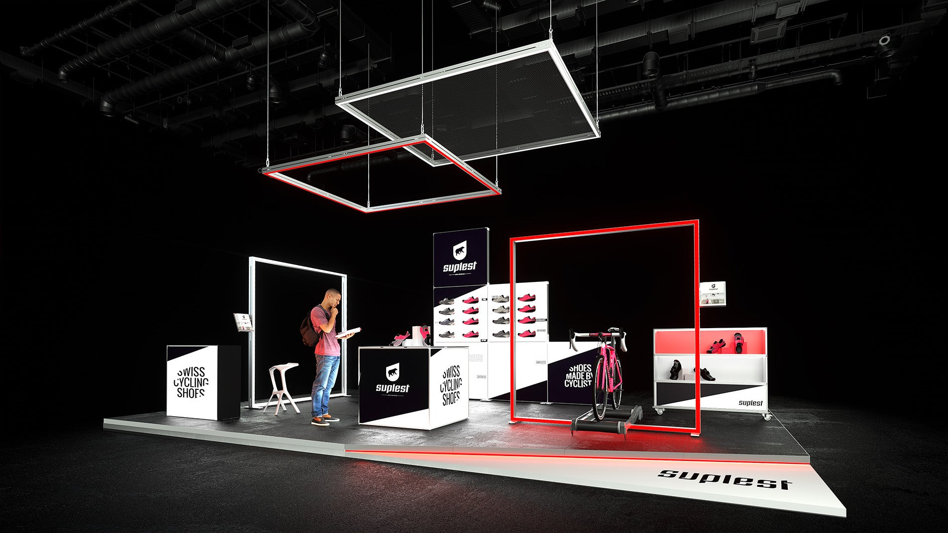 Moderner Messestand von Suplest mit auffälligen LED-Rahmen in Rot und Weiß, die den Raum definieren. Präsentiert werden hochwertige Fahrradschuhe und Zubehör, mit einem markanten Display für ein Rennrad. Der Stand vermittelt durch die klare Struktur und Beleuchtung eine starke Markenpräsenz, ideal für Messen und Events.