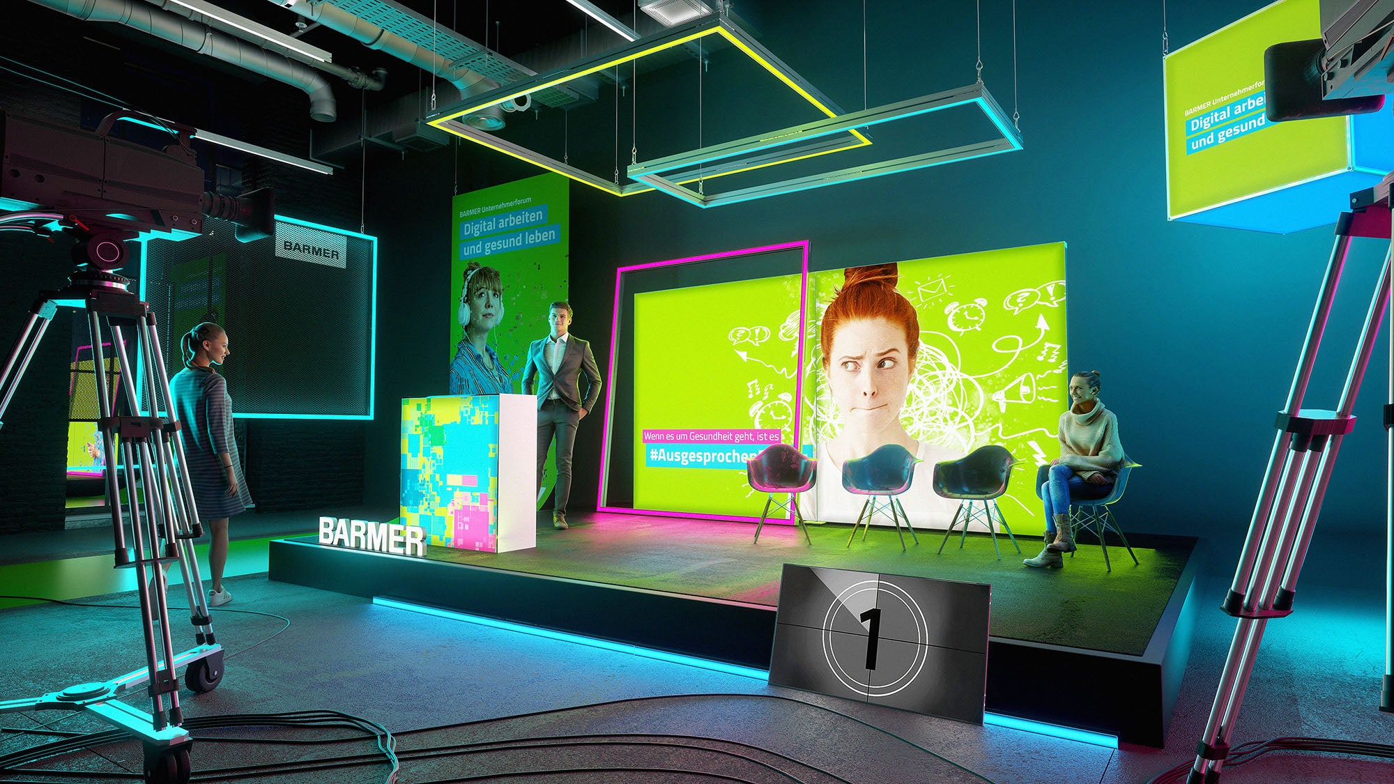 Moderner Messestand mit leuchtenden LED-Rahmen und großflächigen Lightboxes, die in einem professionellen Setting präsentiert werden. Im Vordergrund stehen ein digitaler Bildschirm und ein stilvoller Counter, die in einer kreativen und innovativen Umgebung perfekt zur Geltung kommen.