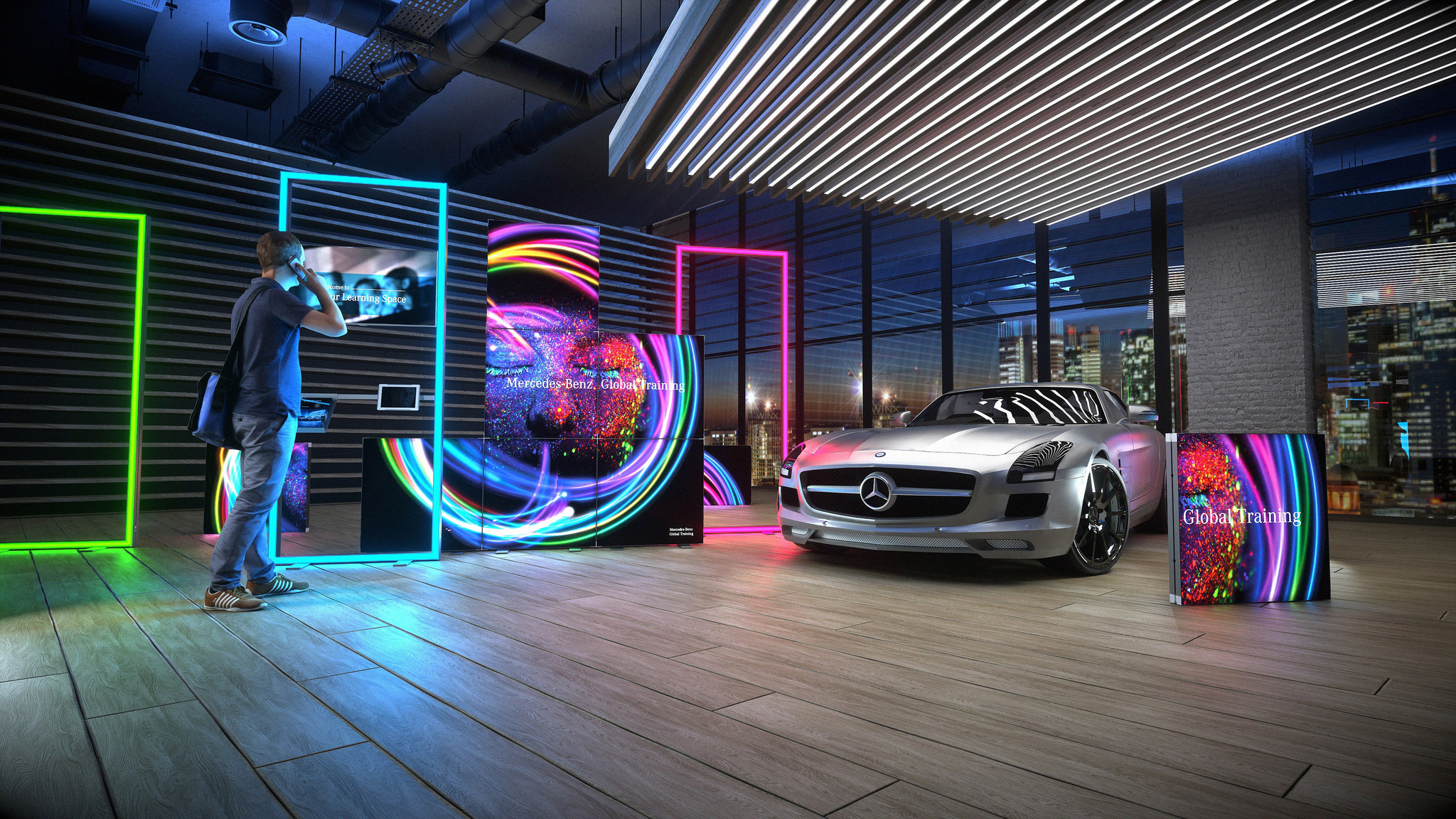 Ein moderner Mercedes-Benz Event-Stand mit leuchtenden LED-Rahmen und dynamischen Bildschirmen, die ein Fahrzeug im Zentrum hervorheben. Die Kombination aus Lightboxes und LED-Technologie schafft eine beeindruckende, futuristische Präsentation der Marke.