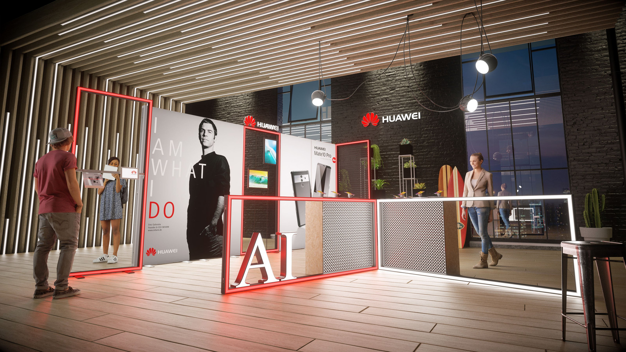 Ein moderner Huawei-Messestand mit leuchtenden LED-Rahmen und integrierten Lightboxes, der die neuesten Produkte und Technologien des Unternehmens in einem ansprechend gestalteten, innovativen Umfeld präsentiert. Die Kombination aus stilvollem Design und fortschrittlicher Technologie unterstreicht Huaweis Engagement für Exzellenz und Innovation.