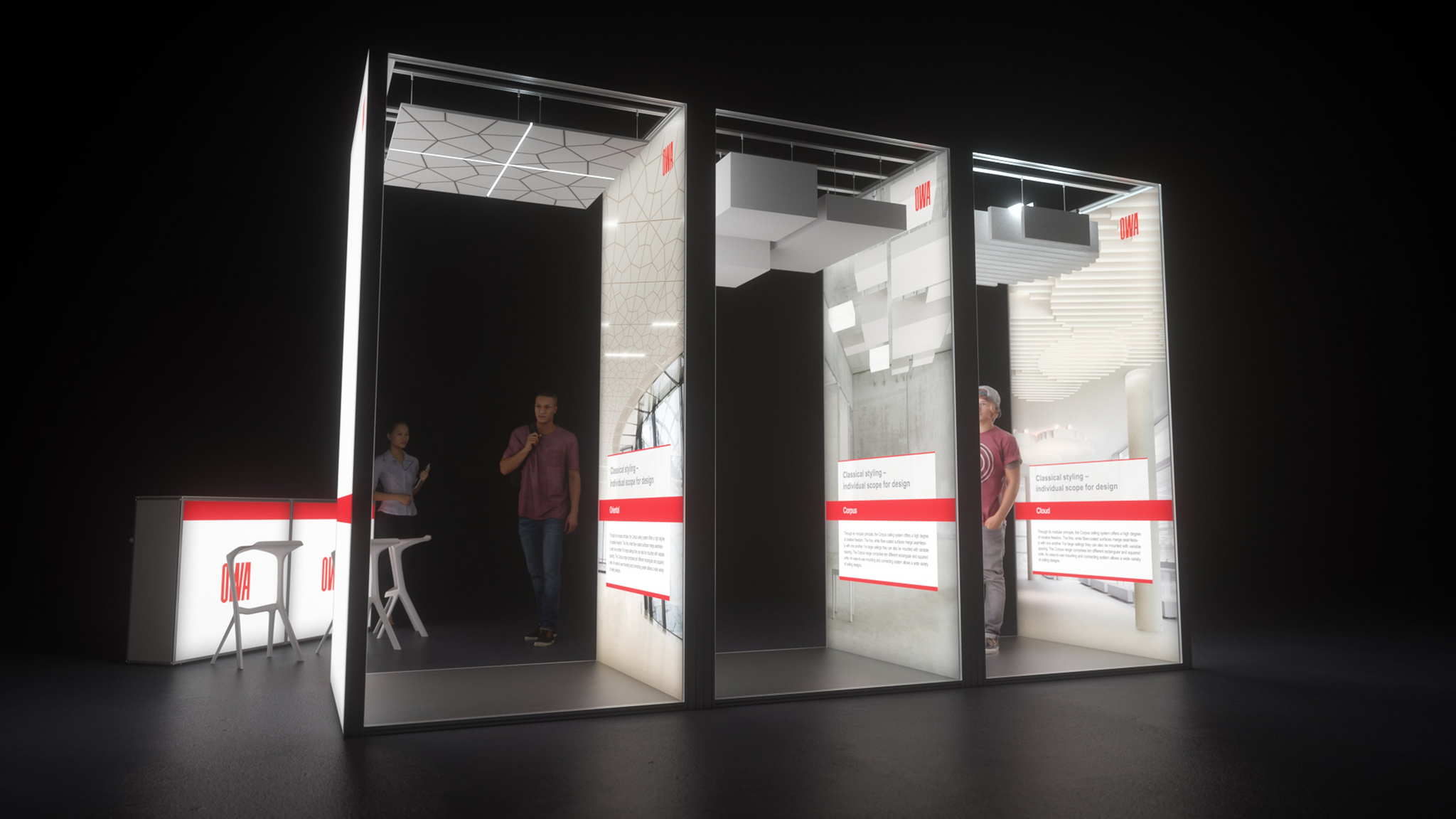 Messestand mit Lightboxen, die verschiedene architektonische Stile in beleuchteten Räumen präsentieren. Jede Lightbox hebt innovative Raumkonzepte hervor und nutzt gezielte Beleuchtung, um die Designs optimal zur Geltung zu bringen.