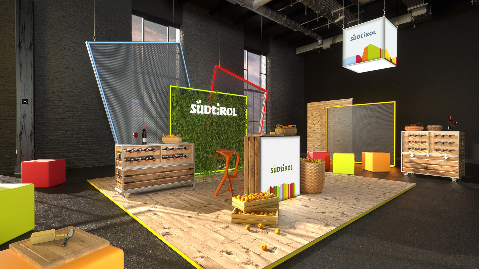 Der Messestand von Südtirol kombiniert natürliche Elemente wie Holzmöbel und eine grüne Pflanzenwand mit modernen LED-Rahmen. Frische Äpfel und Wein präsentieren die regionalen Produkte authentisch und einladend.