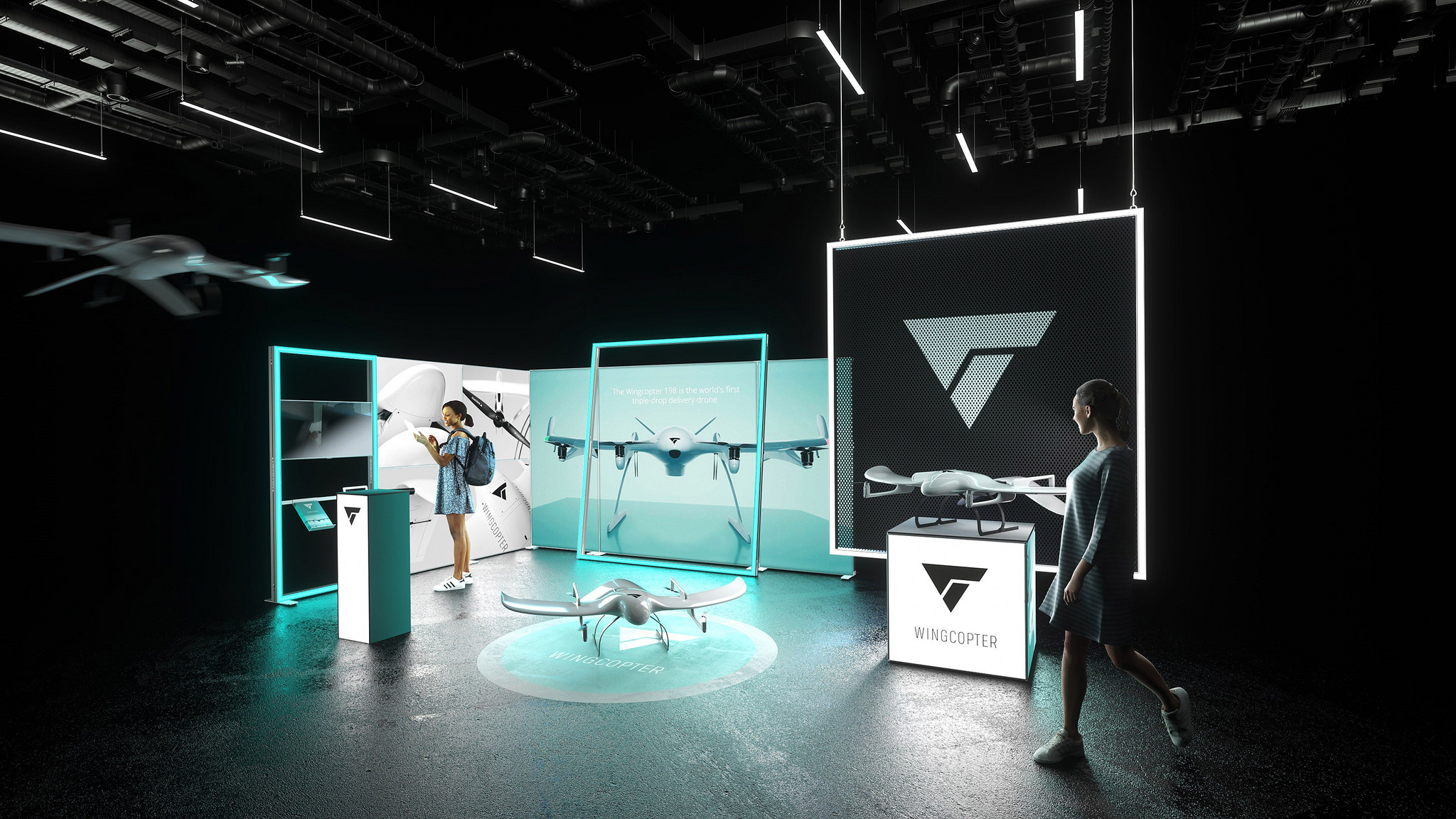 Ein futuristischer Messestand für Wingcopter, der durch leuchtende LED-Rahmen, integrierte Lightboxes und innovative Drohnentechnologie hervorsticht. Der Stand zeigt Drohnenmodelle in Aktion, umgeben von modernen Lichtboxen und Displays, die die technische Exzellenz und Innovation von Wingcopter unterstreichen.