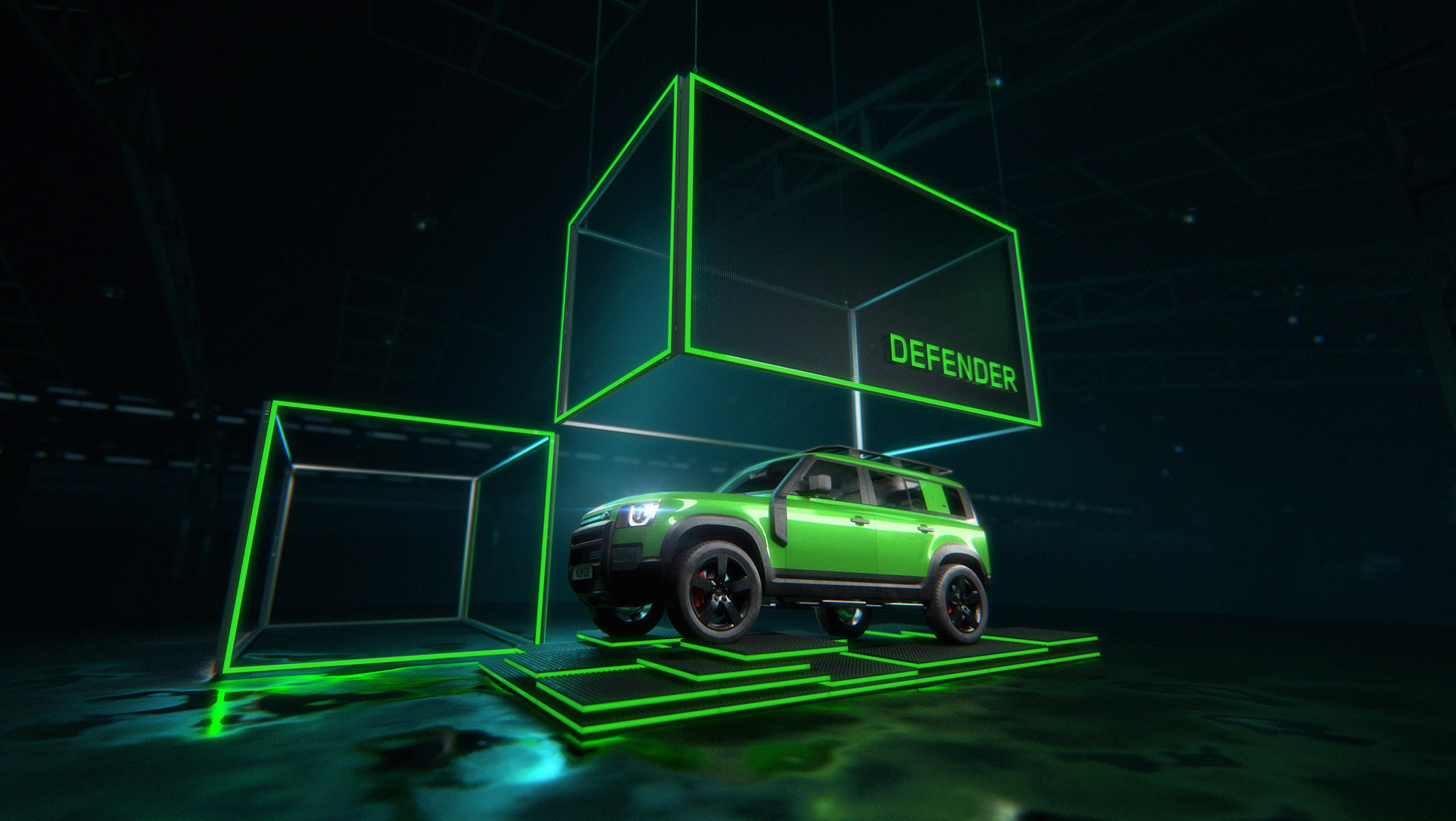 Präsentation des Land Rover Defender in einer futuristischen Umgebung, umrahmt von leuchtenden grünen LED-Rahmen, die den kraftvollen und modernen Charakter des Fahrzeugs unterstreichen. Der Einsatz von Licht und Raum hebt den Defender als Highlight des Events hervor.