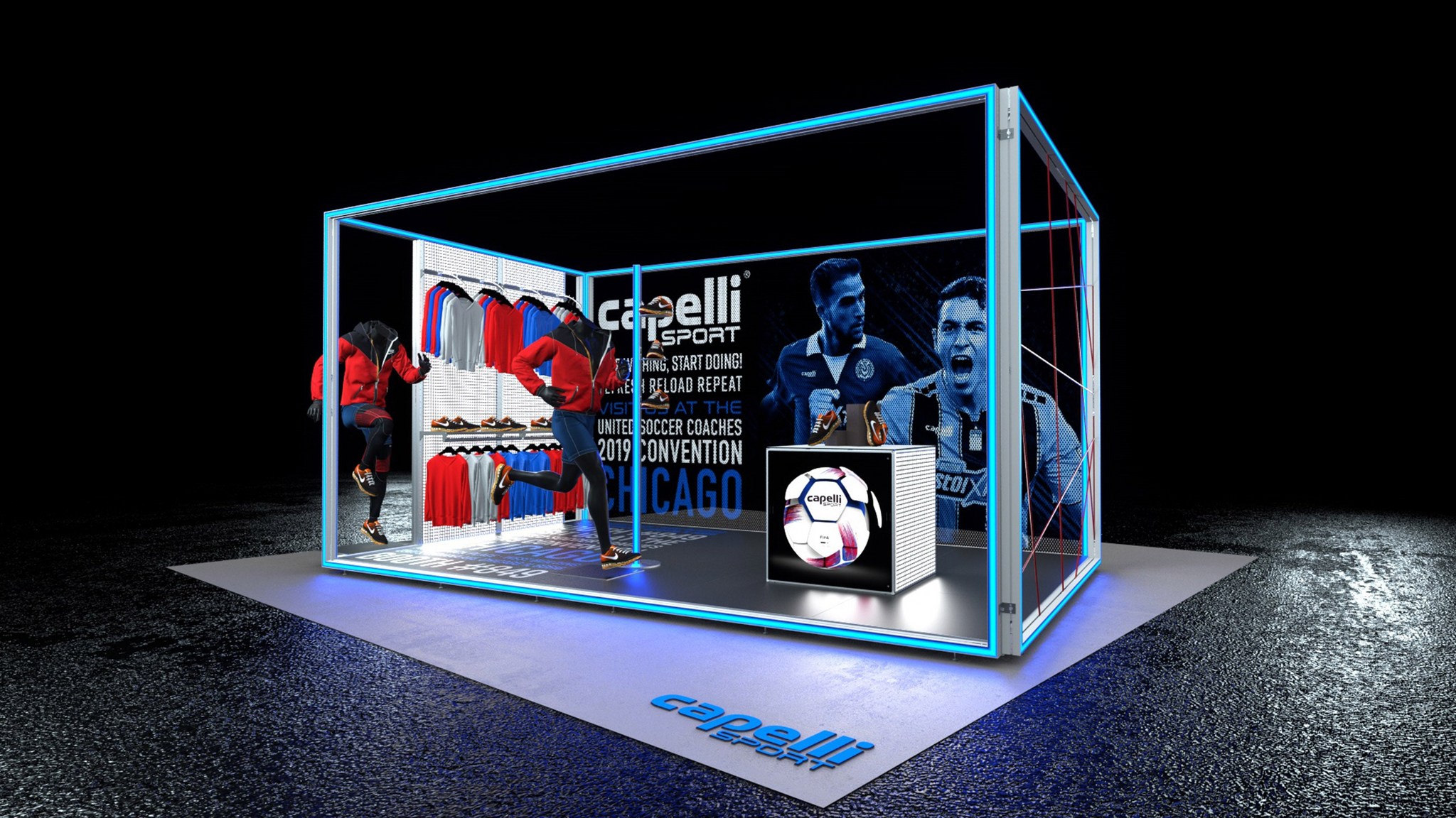 Ein Messestand mit einem Käfig aus leuchtenden LED-Rahmen, der die Marke Capelli Sport und deren Produkte in Szene setzt. Die LED-Rahmen schaffen eine futuristische, auffällige Struktur, die die ausgestellten Sportartikel hervorhebt und die Aufmerksamkeit der Besucher auf sich zieht.