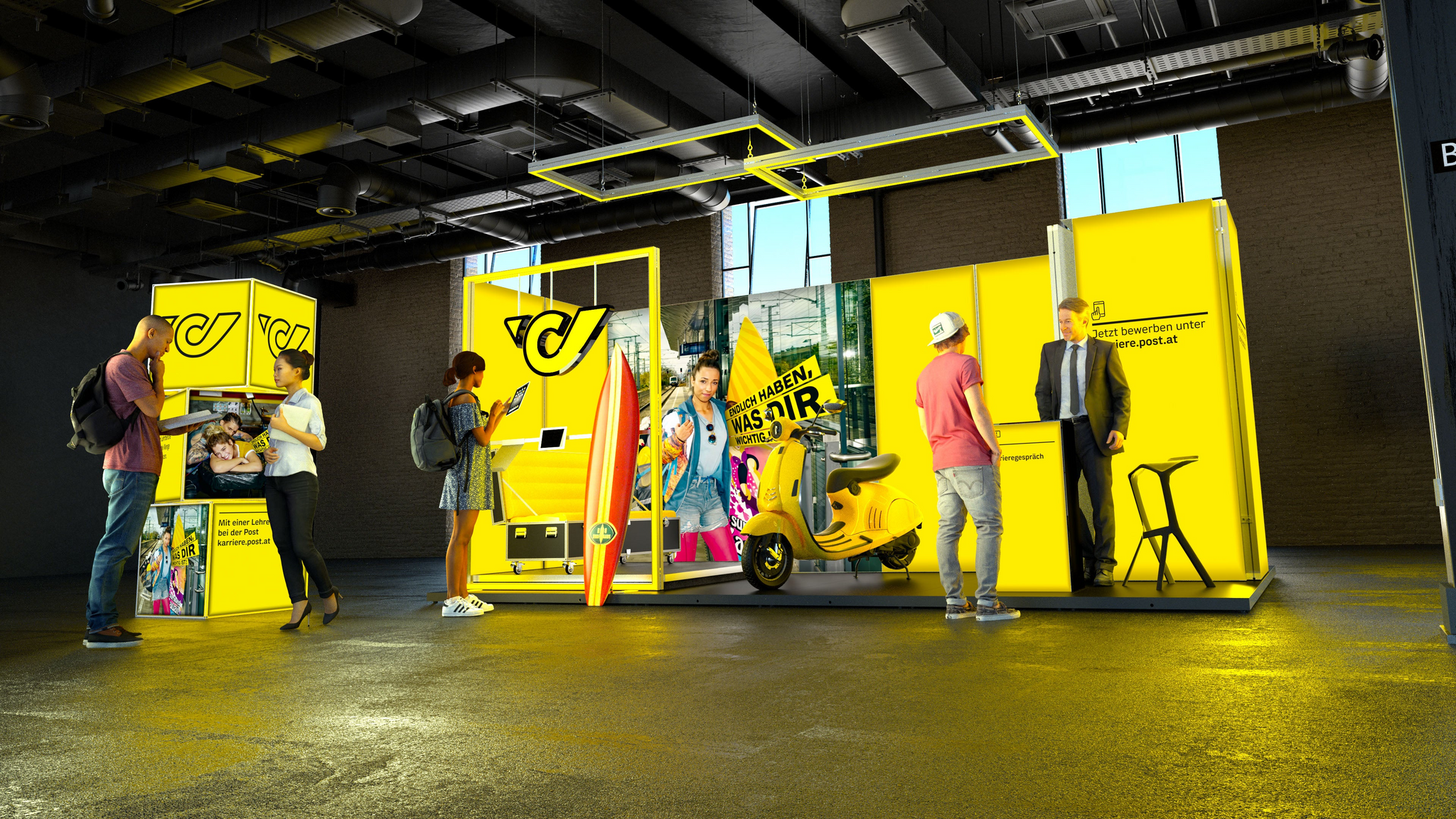 Der leuchtend gelbe Messestand der österreichischen Post präsentiert sich mit modularen LED-Rahmen und interaktiven Elementen. Großflächige Werbebotschaften und Exponate wie ein E-Scooter unterstreichen die moderne Ausrichtung der Post als Arbeitgeber. Besucher erkunden den Stand und informieren sich an den verschiedenen Stationen.