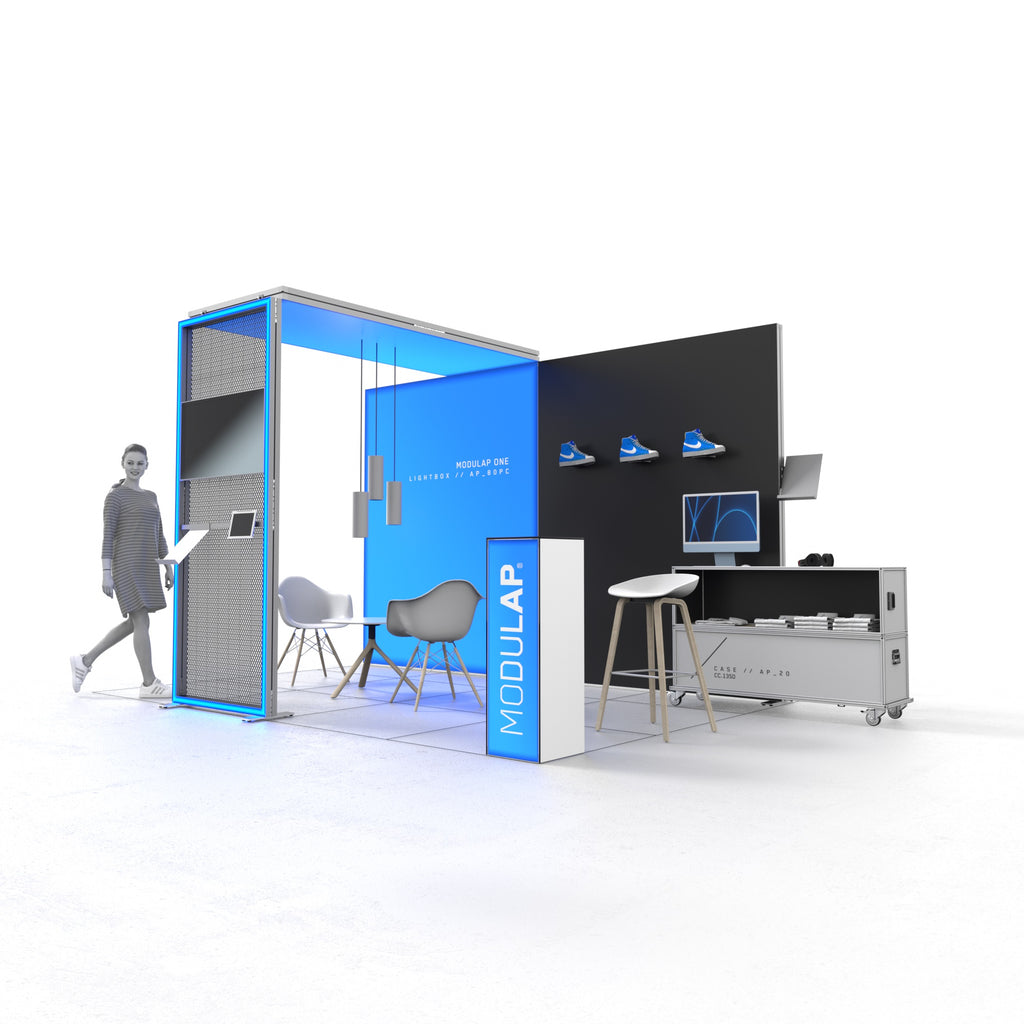 Modulap Set Kati für schlanke, multimediale Messeauftritte mit optischem Highlight, RGB-Leuchtkontur, Lightbox, Texframe, LED-Counter und flexiblen Transportcases