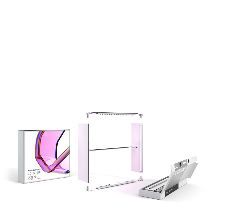 Modulap One Counter – Modularer, tragbarer Messestand-Counter mit einfachem Aufbau und modernem Design. Leicht transportierbar, ideal für Messen und Events.