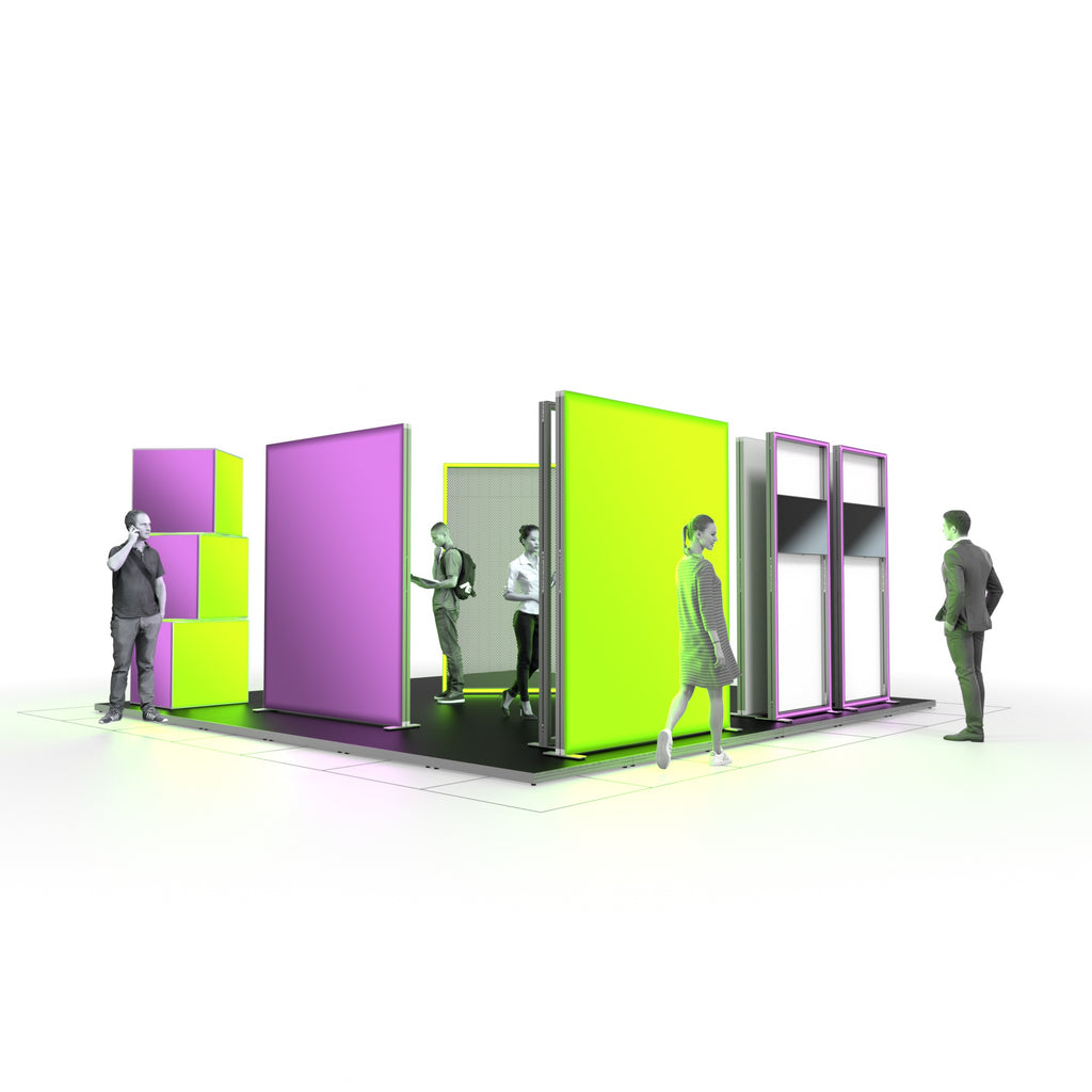 Eine lebendige Struktur aus Neonflächen und offenen Wegen empfängt ihre Besucher. Der Raum ist kein Stillleben – er ist ein bewegtes System. Jeder Schritt verändert die Perspektive, jede Begegnung wird zum Teil der Inszenierung.

Menschen bewegen sich durch farbige Portale aus Licht – Pink und Grün als Kontrast, als Impuls. Was wie ein Labyrinth wirkt, ist in Wahrheit ein choreografierter Fluss: Kommunikation, Innovation, Neugier.

Im Zentrum: Offenheit. Keine Wände, nur Zonen. Keine Grenzen, nur Übergänge.