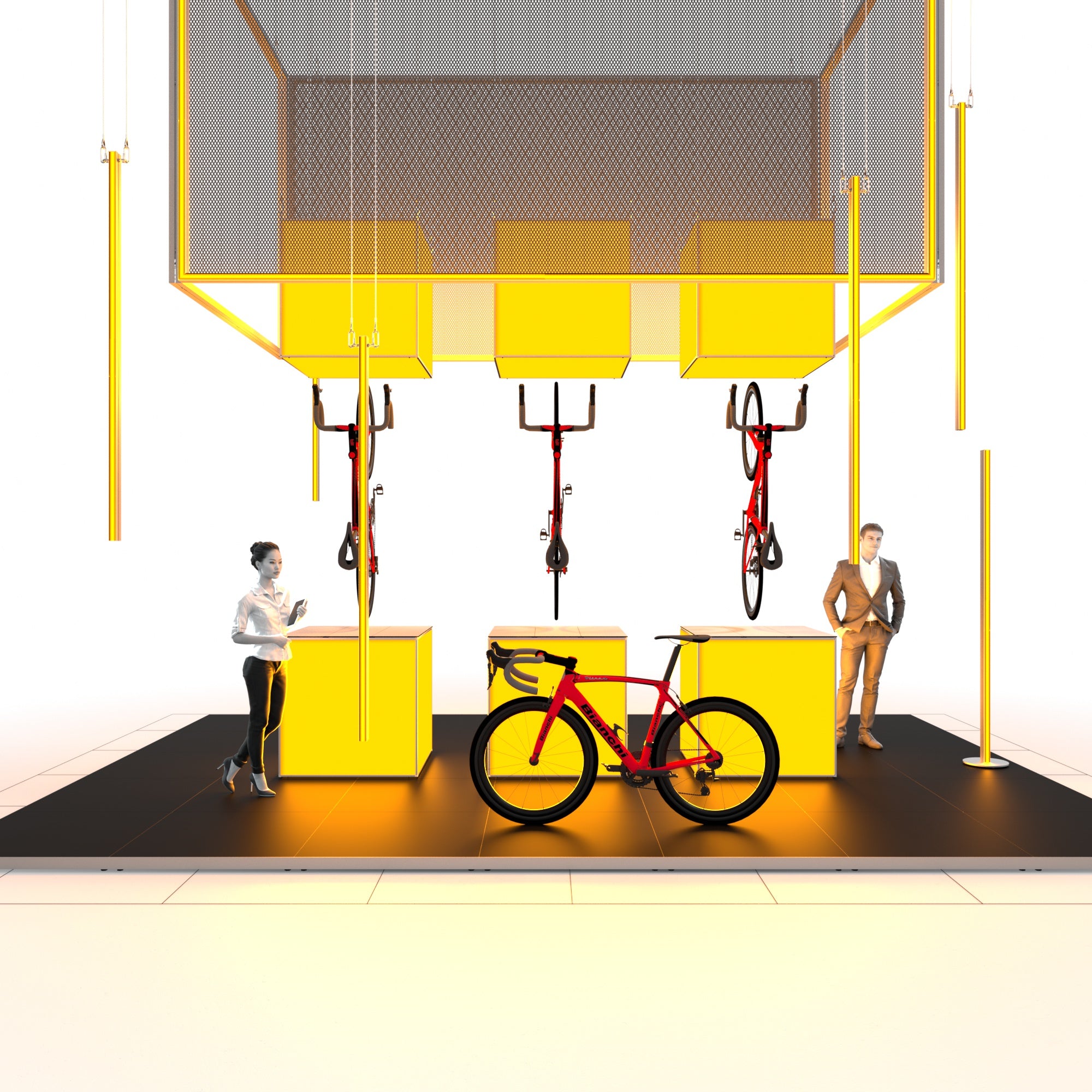 <strong>Messestand Adam</strong> | Inselstand mit markantem Deckenelement