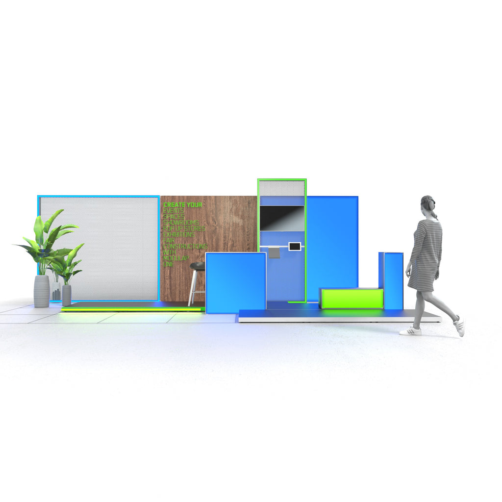 Messestand Set Tina mit minimalistischem Design, offenem Bühnencharakter und hoher Funktionalität. Enthält Boden mit vorgelagertem Lightstick, Mix aus Lightbox, Texframe und Lightframes für stilvolle Wandkonzepte. Integrierter Screen für Videos, Tablet für interaktive Inhalte, A4 Prospekthalter. Großer LED-Counter und zwei schlanke Counter/Produktaufsteller bieten flexible Einsatzmöglichkeiten. 