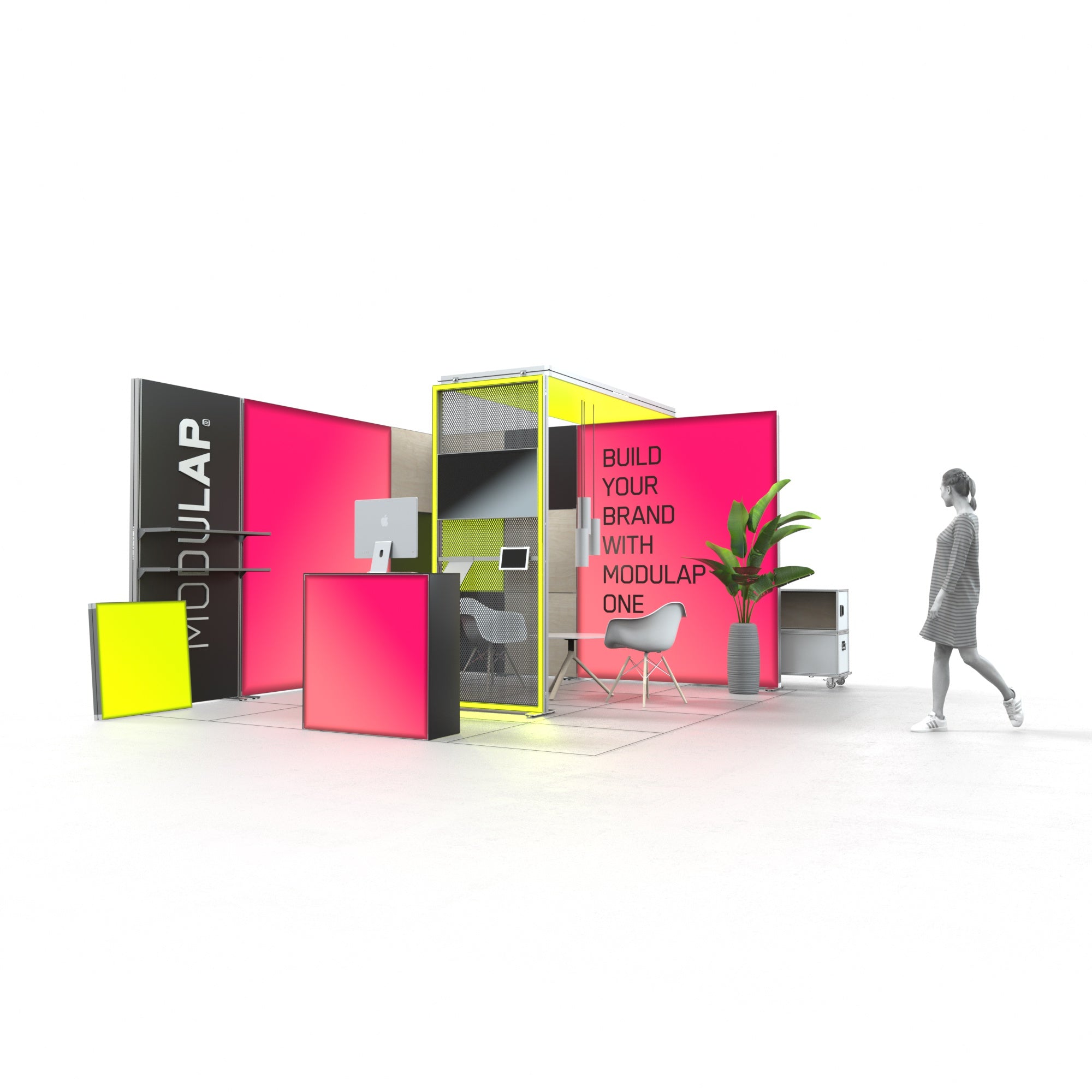 Modulap Messestand mit leuchtenden Wänden und einem zentralen Lightframe. Auf der rechten Seite befindet sich ein kompakter Counter, links eine Lightbox mit der Aufschrift 'Build Your Brand with Modulap One'. Eine Pflanze und eine sitzende Person sorgen für eine angenehme Atmosphäre.