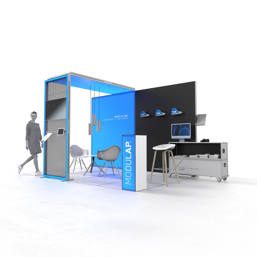 Modulap Set Kati für schlanke, multimediale Messeauftritte mit optischem Highlight, RGB-Leuchtkontur, Lightbox, Texframe, LED-Counter und flexiblen Transportcases