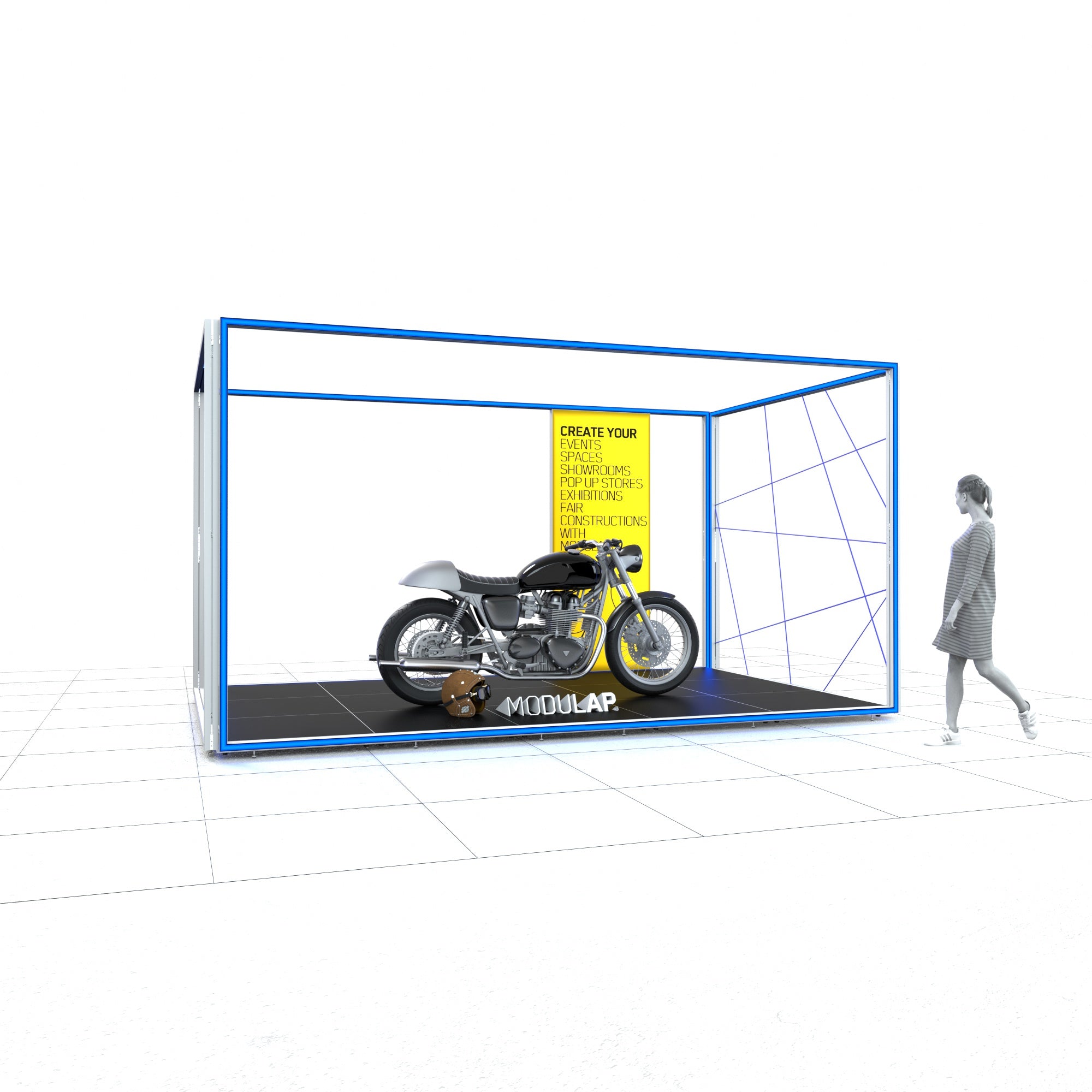 Eine Ausstellung präsentiert ein Motorrad in einem Käfig aus LED-Leuchtrahmen. Eine Frau betrachtet das Display. Die blauen Leuchtrahmen und eine gelbe LED-Wand mit Text über die Einsatzmöglichkeiten von Modulap schaffen eine moderne, einladende Atmosphäre.