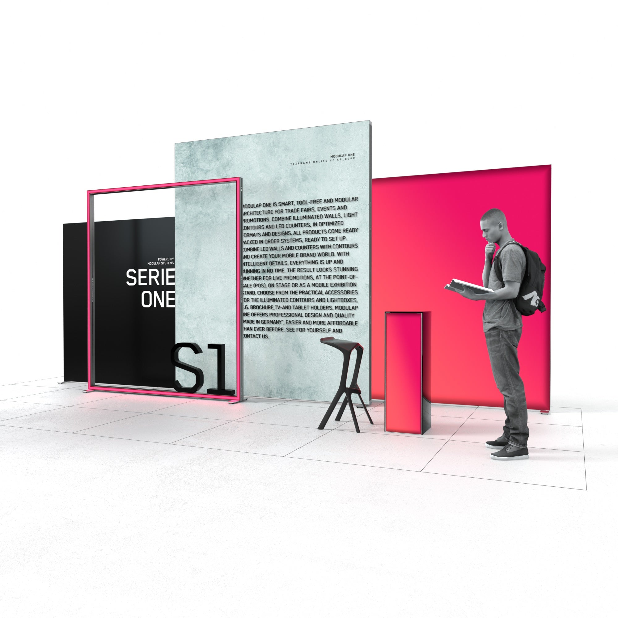 Der Eventstand von Modulap präsentiert eine stilvolle Kombination aus einem großen Texframe und einem schlanken Counter auf der rechten Seite. Daneben steht ein Mann, der aufmerksam einen Prospekt liest. Der Stand verbindet modernes Design mit funktionalen Präsentationsflächen.