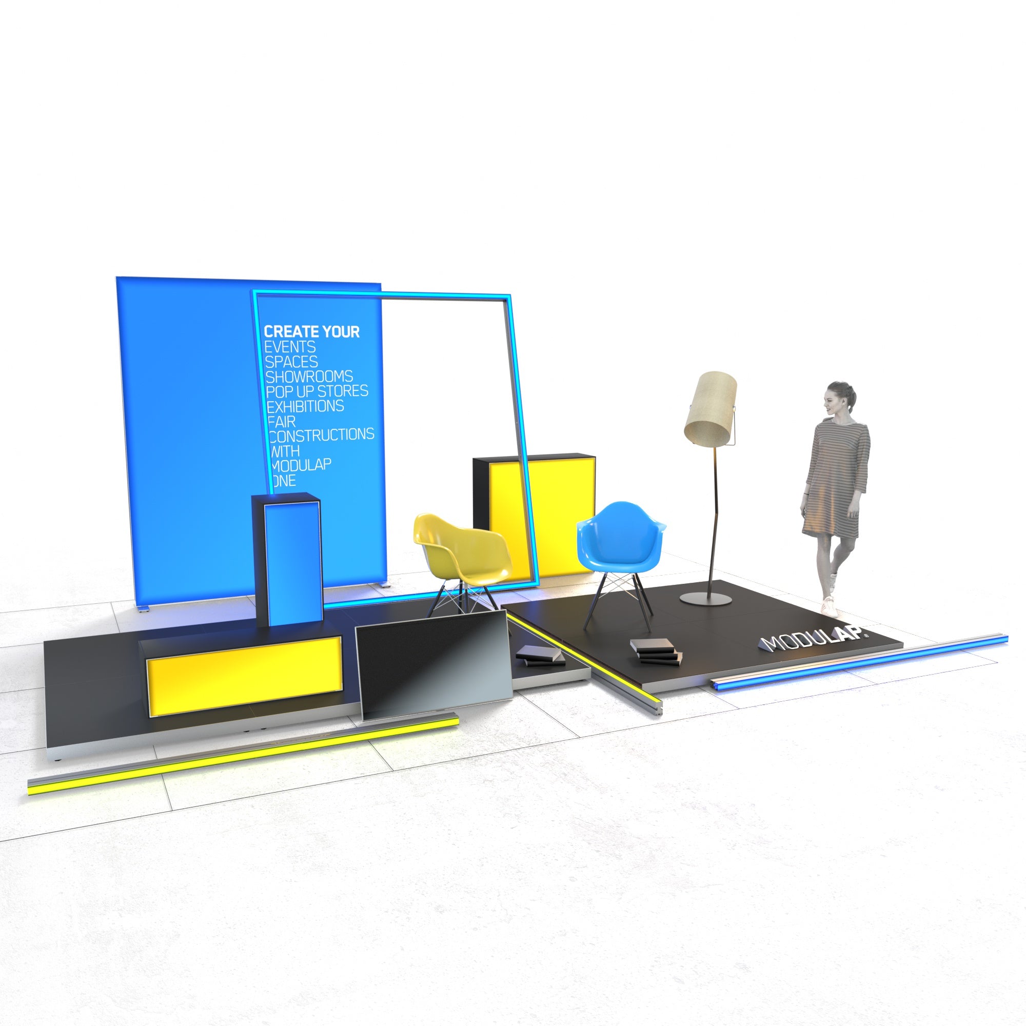 Ein moderner Event-Stand von Modulap, bestehend aus auffälligen gelben und blauen LED-Wänden. Zwei bunte Stühle und eine große Lampe schaffen eine einladende Atmosphäre. Eine Person geht an dem Stand vorbei, der durch klare Linien und lebendige Farben eine attraktive Präsentationsfläche bietet.