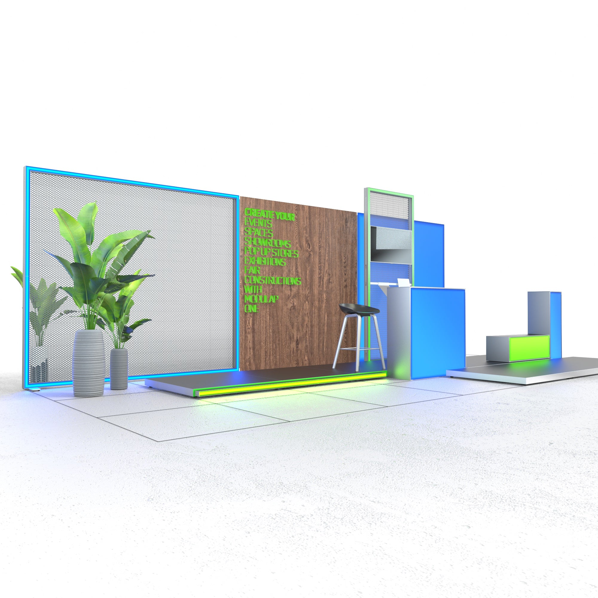 Messestand Set Tina mit einer Standfläche von 8x3m, minimalistischem Design, offenem Bühnencharakter und hoher Funktionalität. Enthält Boden mit vorgelagertem Lightstick, Mix aus Lightbox, Texframe und Lightframes für stilvolle Wandkonzepte. Integrierter Screen für Videos, Tablet für interaktive Inhalte, A4 Prospekthalter. Großer LED-Counter und zwei schlanke Counter/Produktaufsteller bieten flexible Einsatzmöglichkeiten. 