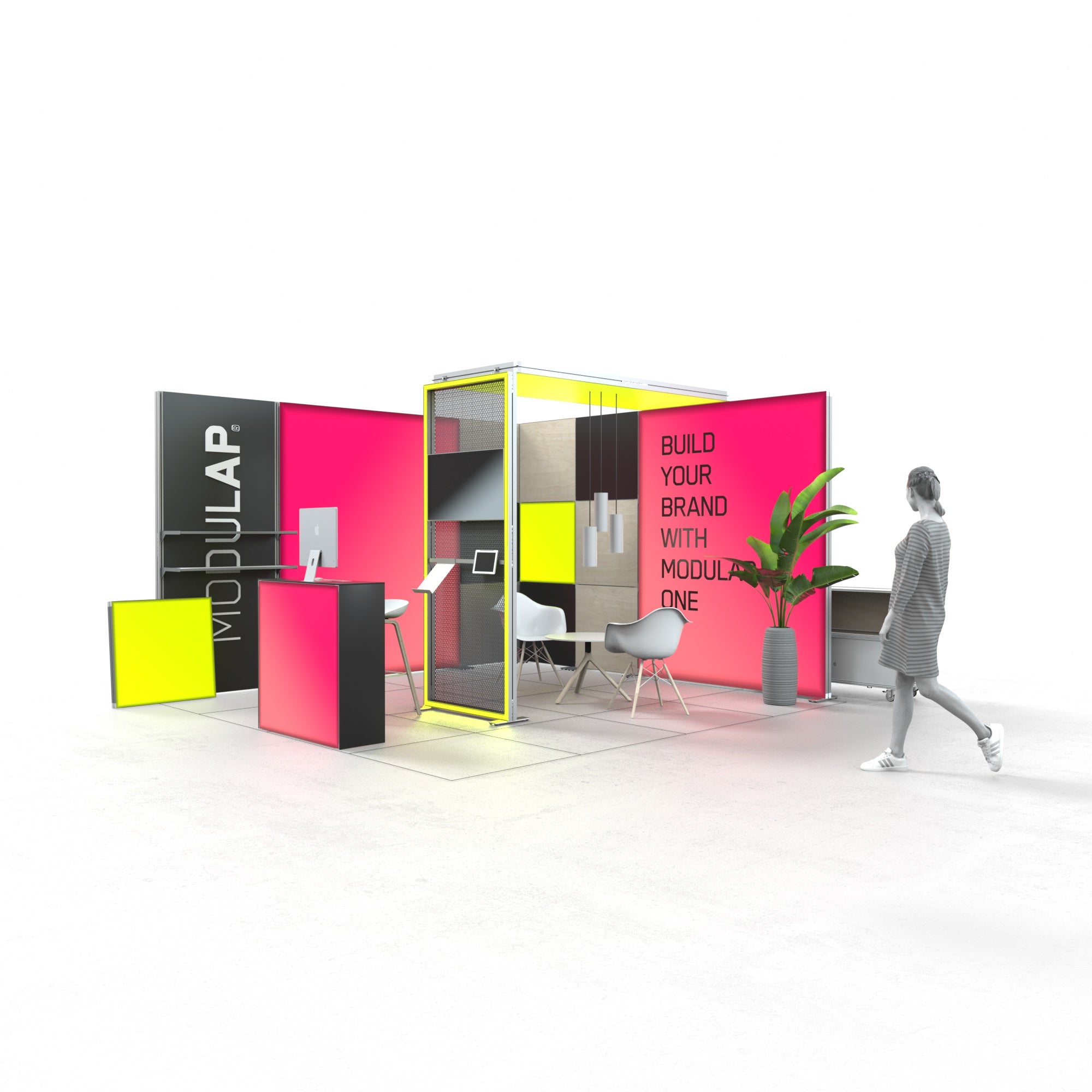 Modulap Messestand mit modernen LED-Elementen, darunter leuchtende Wände und ein markanter Lightframe in der Mitte. Ein schlanker Counter steht rechts, daneben eine Lightbox mit dem Text 'Build Your Brand with Modulap One'. Eine dekorative Pflanze rundet das Design ab.