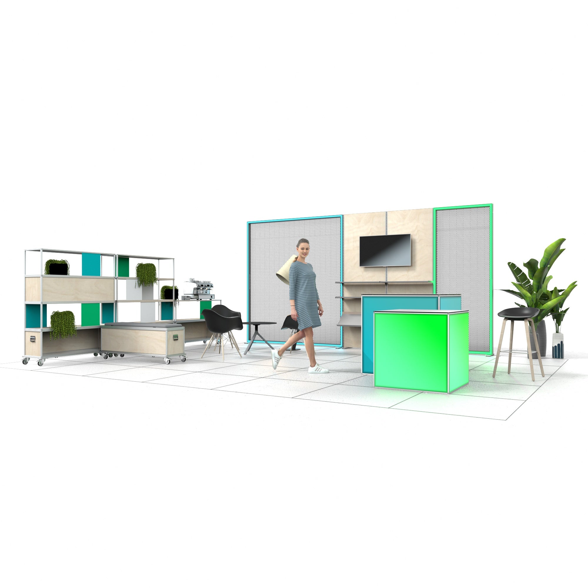 Der Messestand präsentiert sich in einem modularen Design mit flexiblen Elementen. Links steht ein rollbares Regal mit dekorativen Accessoires und Pflanzen. In der Mitte befindet sich eine Sitzgruppe mit einem Tisch, beleuchtet von einer Stehlampe. Rechts sind ein leuchtender Counter und eine Theke zu sehen. Eine Person bewegt sich durch den Stand.