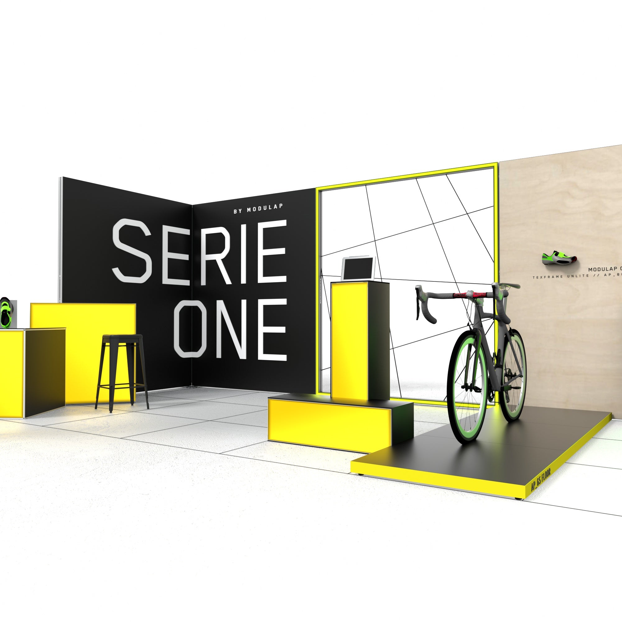 Messestand Set Luke, mit einer Standgröße von 7x3m und moderner modularer Wandkonstruktion, Texframes, Lightframe und offener, flexibler Standfläche. Modulap Systemboden schafft eine erhabene Präsentationsfläche. In Texframes integrierte Magnethalter zeigen ergänzende Produkte oder Details. Enthält Counter, schlanke Produktaufsteller, Leuchtwürfel und kleinen Lightframe. Einfacher und schneller Aufbau, flexibel anpassbar. Ideal für verschiedene Locations.