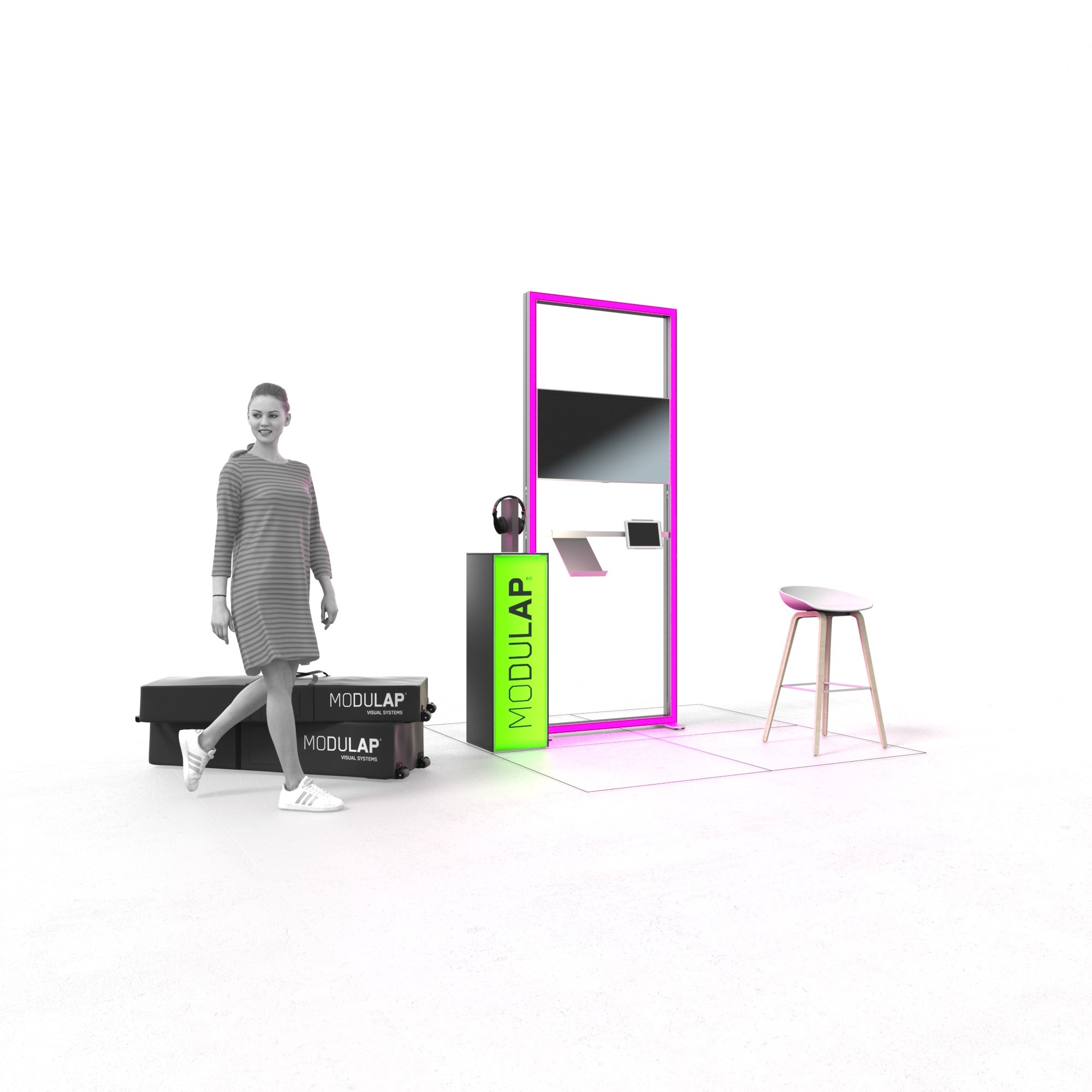 Das Bild zeigt einen Promotionstand von Modulap mit einem pinken LED Lightframe und einem grünen Counter. Rechts steht ein Barhocker, links sind zwei Rolltaschen mit Modulap-Logo. Eine lächelnde Frau in einem gestreiften Kleid steht neben den Rolltaschen. Der Stand wirkt modern und einladend.