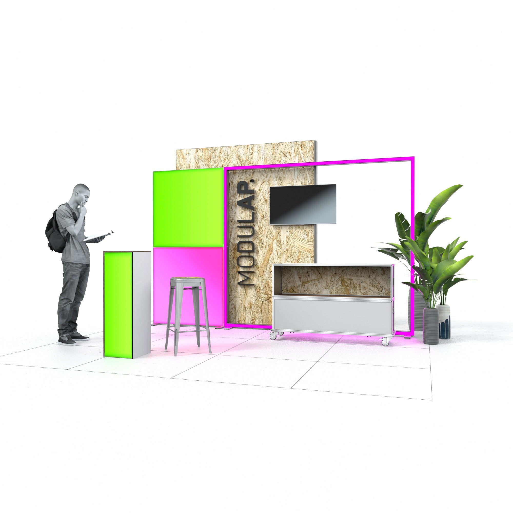  Ein moderner Messestand von Modulap mit leuchtenden Lightboxen in Grün und Pink, die eine stilvolle und auffällige Präsentation schaffen. Eine Holzrückwand dient als Hintergrund, an dem ein Fernseher montiert ist. Vor der Rückwand steht ein rollbares Case, das für Flexibilität sorgt. Eine Pflanze rechts fügt eine natürliche Note hinzu. Links des Stands steht ein schmaler Counter mit einem Barhocker. Ein Mann betrachtet den Stand.