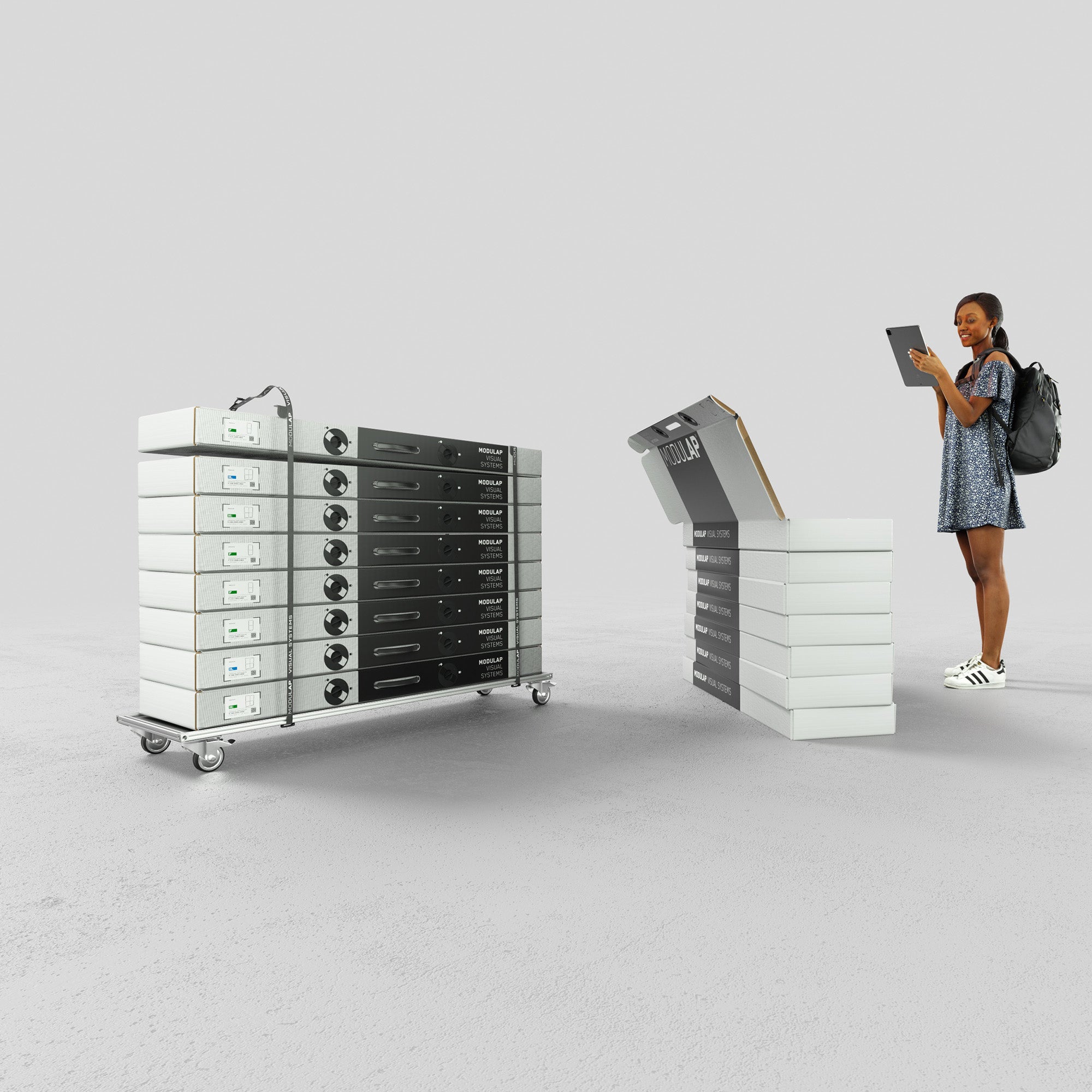 Das Packvolumen vom Modulap Messestand Luke beträgt 15 Modulap Kartons 